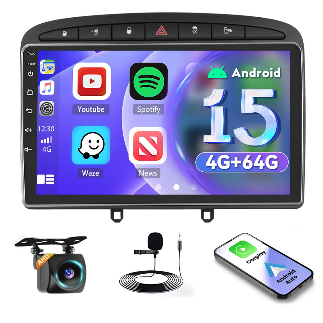 Inefala 4G+128G Android 15 Autoradio für Peugeot 308 408 2007-2015, 9" Touchscreen Radio mit Wireles