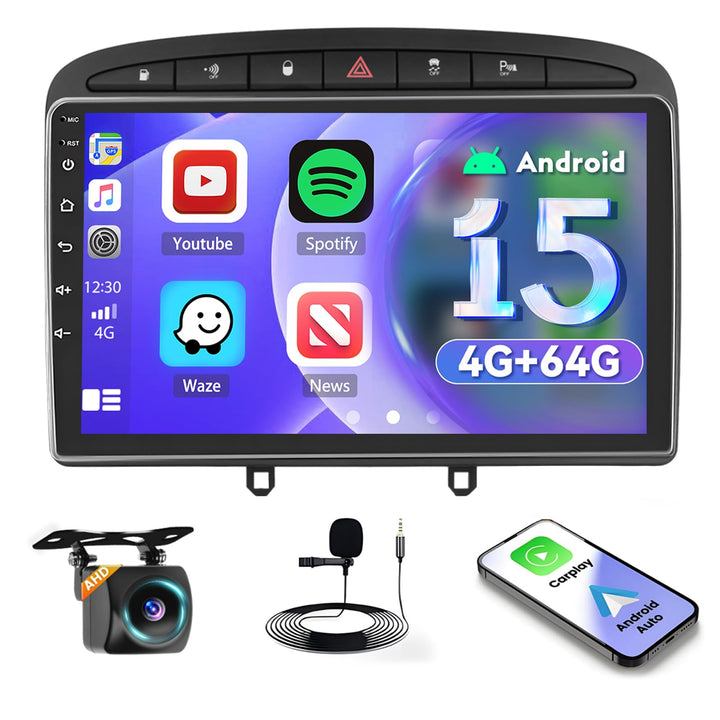 Inefala 4G+128G Android 15 Autoradio für Peugeot 308 408 2007-2015, 9" Touchscreen Radio mit Wireles