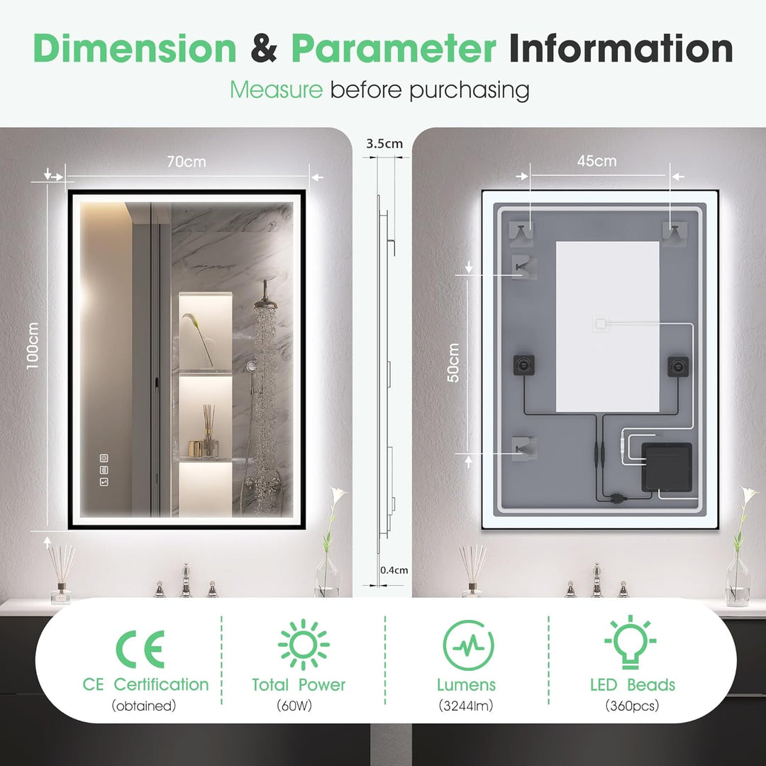 S'bagno Bluetooth-Badezimmer-Spiegel-mit-Beleuchtung 1000x700mm, Badspiegel mit Beleuchtung mit Schw