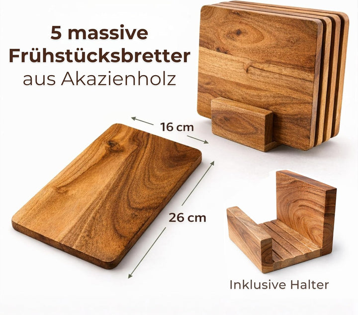 Frühstücksbrettchen Holz Set (5er) aus Akazie mit Ständer – kleine Schneidebretter 26×16 cm für Küch