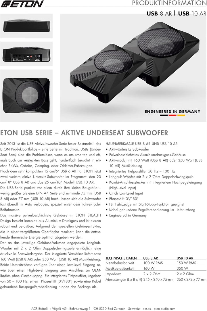 ETON USB 10 AR – sehr kompakter 25 cm / 10 Zoll Untersitz Aktiv Subwoofer für PKWs und Wohnmobile, l