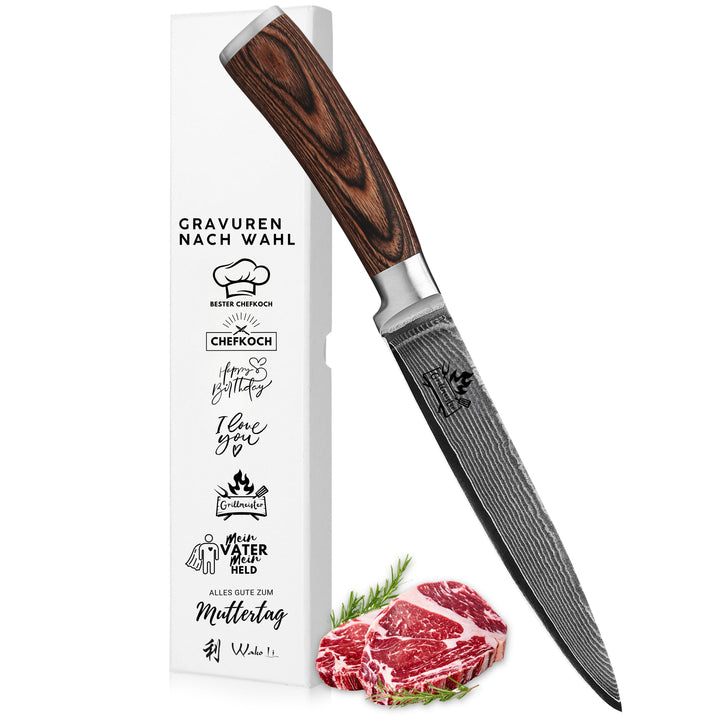 Wakoli EDIB Damast Fleischmesser mit Gravur, personalisiertes Geschenk für Küche und Hobbyköche, 18