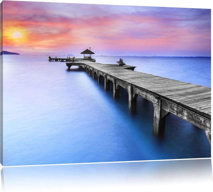 langer Steg mit kleinem Pavillon schwarz/weiss Format: 100x70 auf Leinwand, XXL riesige Bilder ferti