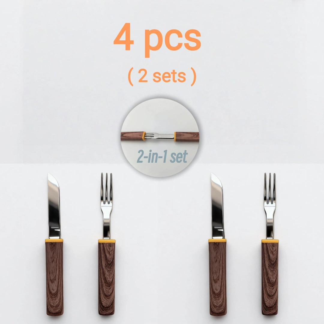 Reisebesteck Set, 2-teilig, Messer und Gabel 2-in-1 Trennbar, Edelstahl Besteck to go mit Etui für L