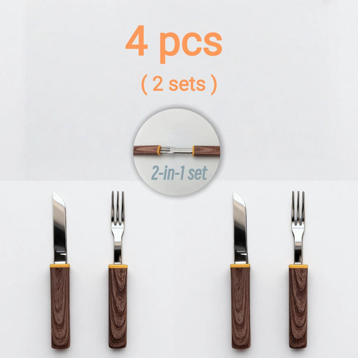 Reisebesteck Set, 2-teilig, Messer und Gabel 2-in-1 Trennbar, Edelstahl Besteck to go mit Etui für L