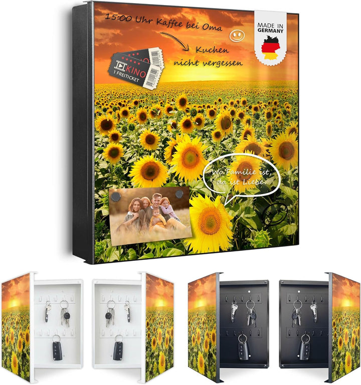 banjado® Grosser Schlüsselkasten Glas/Schlüsselbox 30cm x 30cm mit 50 Haken - Motiv Sonnenblumenmeer