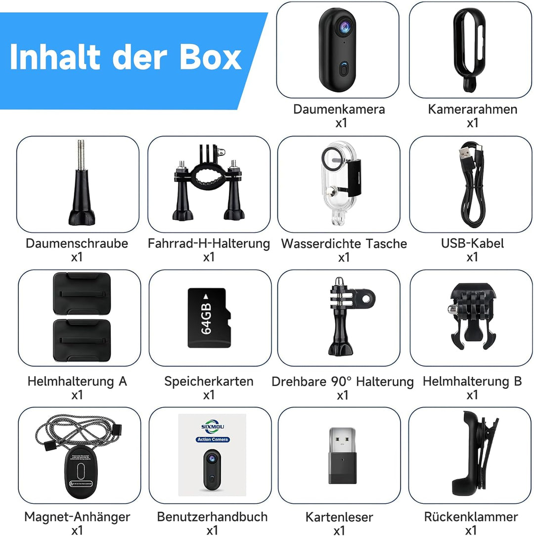 Action Cam Mini, 1080P HD Bodycam WiFi Mit 64 GB Speicherkarte, 120° Weitwinkelobjektiv Actionkamera