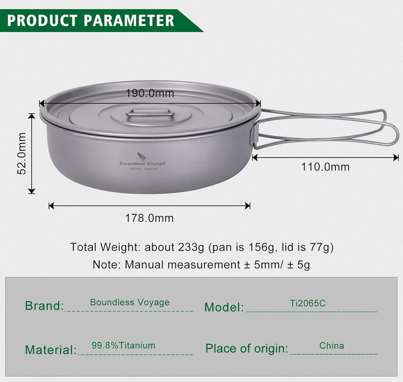 iBasingo 1000ml Titan Bratpfanne Camping Pan Antihaftpfanne mit Deckel & Klappgriffen 19cm Outdoor L