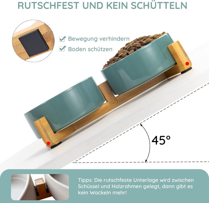 SPUNKYJUNKY Keramik Doppel Futternapf mit Bambus Ständer für Katzen und Hunde (400ml, Grün) Türkis D