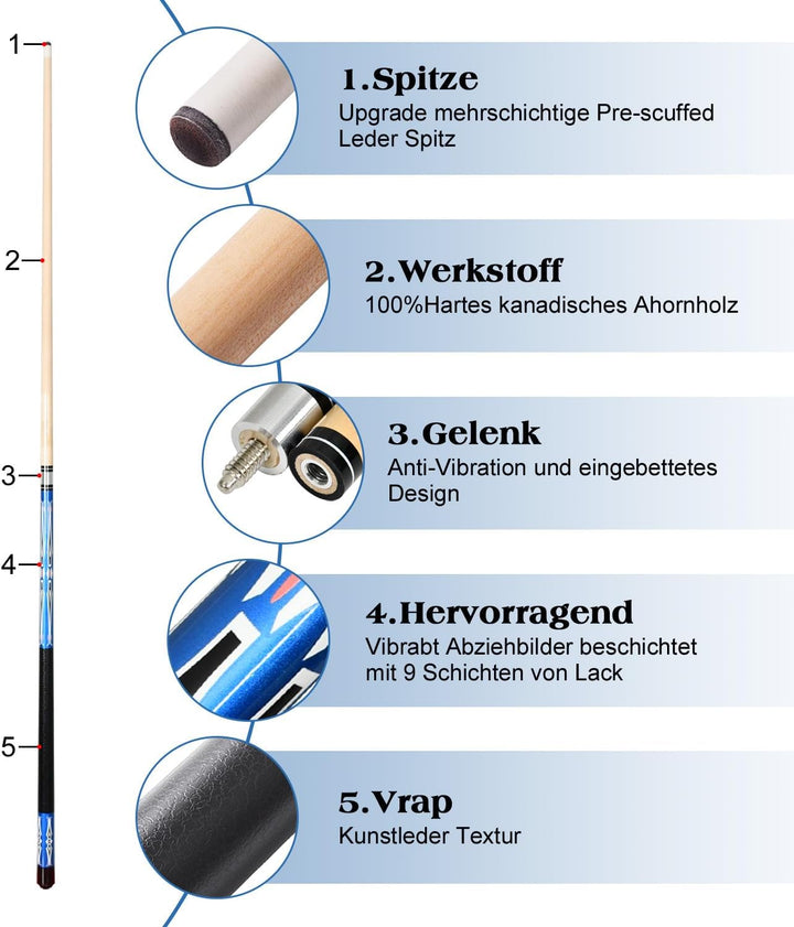 Pool Queue, Billard Queue Satz 2, Pool Queues Pool 58" Queue Stöcke,Billardqueue mit Edelstahl Gelen
