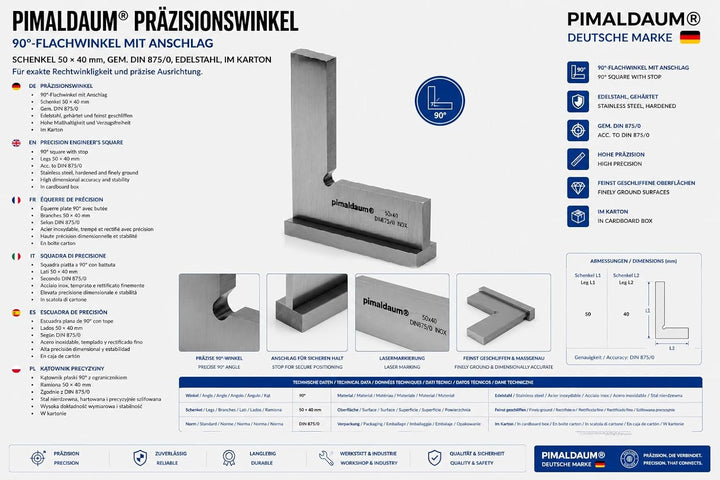 PIMALDAUM® Anschlagwinkel, 90°-Flachwinkel mit Anschlag, Schenkel 50 * 40 mm, gem. DIN 875/0, Edelst