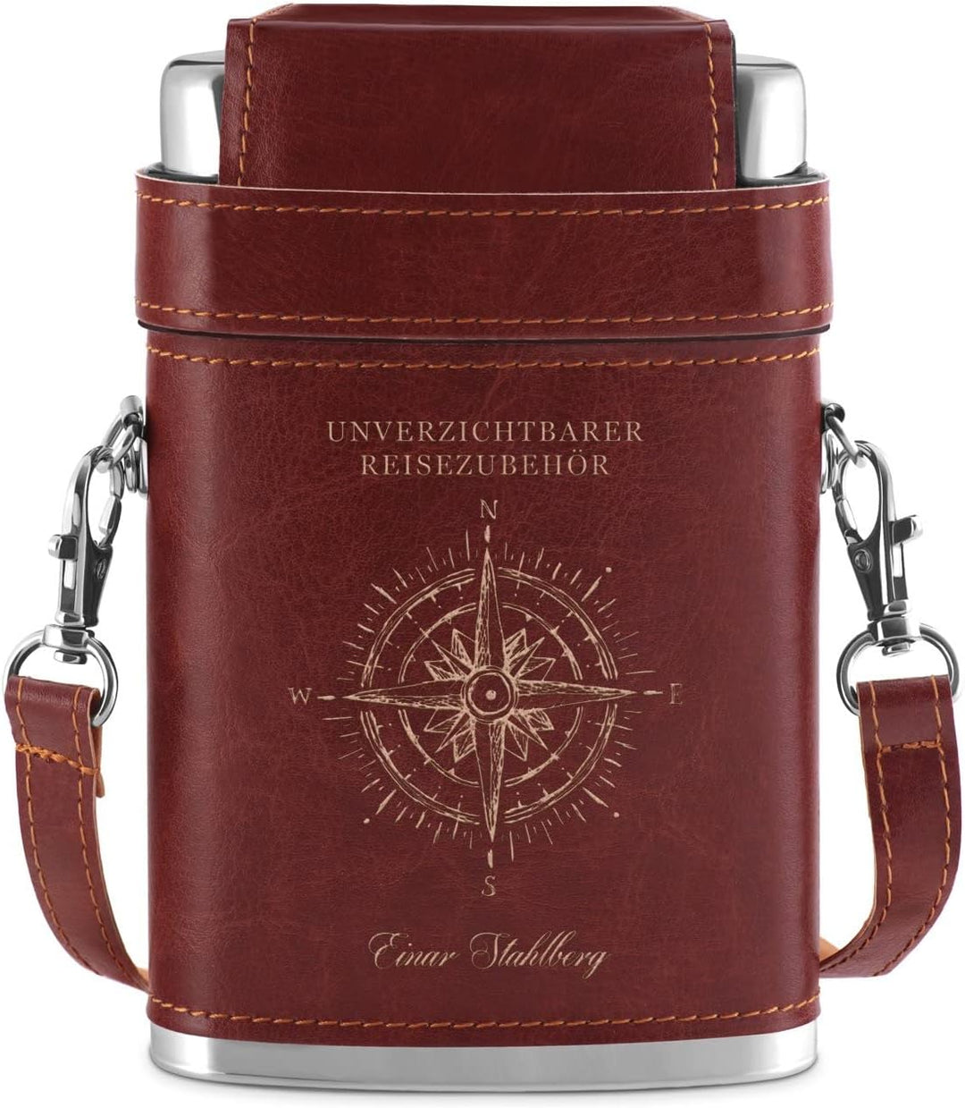 Maverton Flachmann mit Gravur - personalisiert - 250 ml - aus Edelstahl - 3x10 ml Pinnchen - Lederet