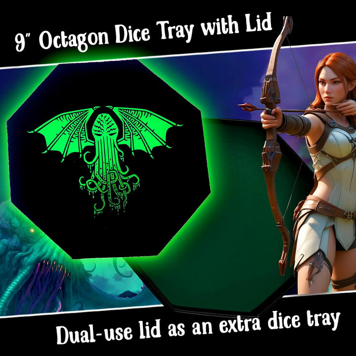 Fantasydice-Cthulhu Tome-Green - Dice Tray - 20CM Octagon with Lid and Dice Staging Area- Holds 5 Se