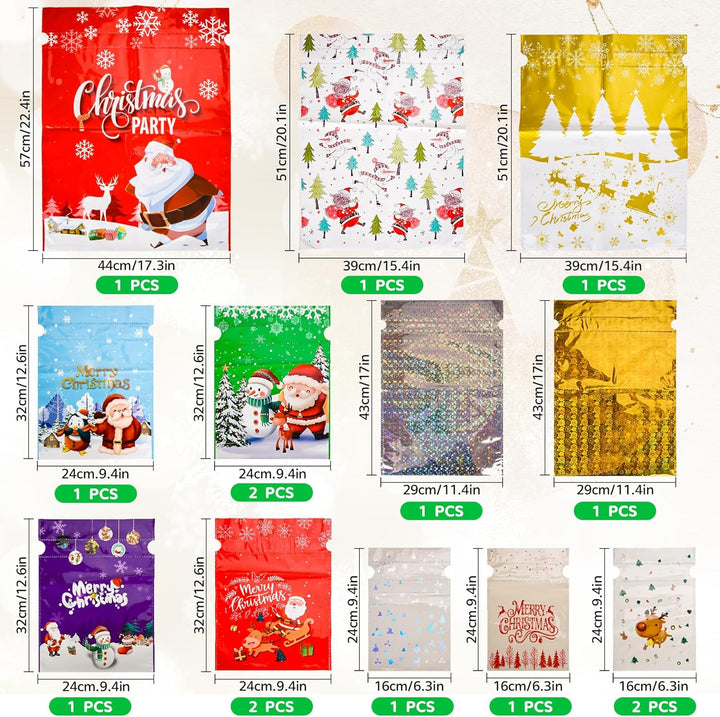 Weihnachts Geschenkbeutel mit Kordelzug - 15 Stück mit 15 Anhängern, 7 Designs, 5 Grössen, Wiederver
