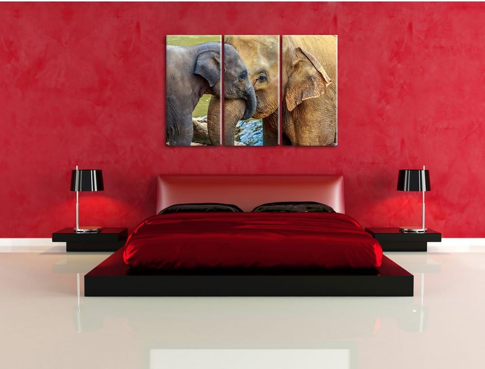Pixxprint Elefantenmutter mit Kalb als Leinwandbild/Grösse: 3 Teilig (120x80) / Wandbild/Kunstdruck/