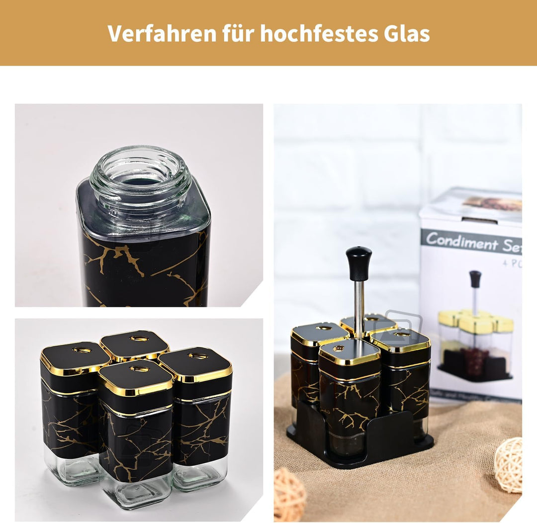 Miorkly Gewürzgläser Eckig - 4er Set mit Sockel,120ML Gewürzstreuer Set mit Schwarz Drehdeckel,Hochw