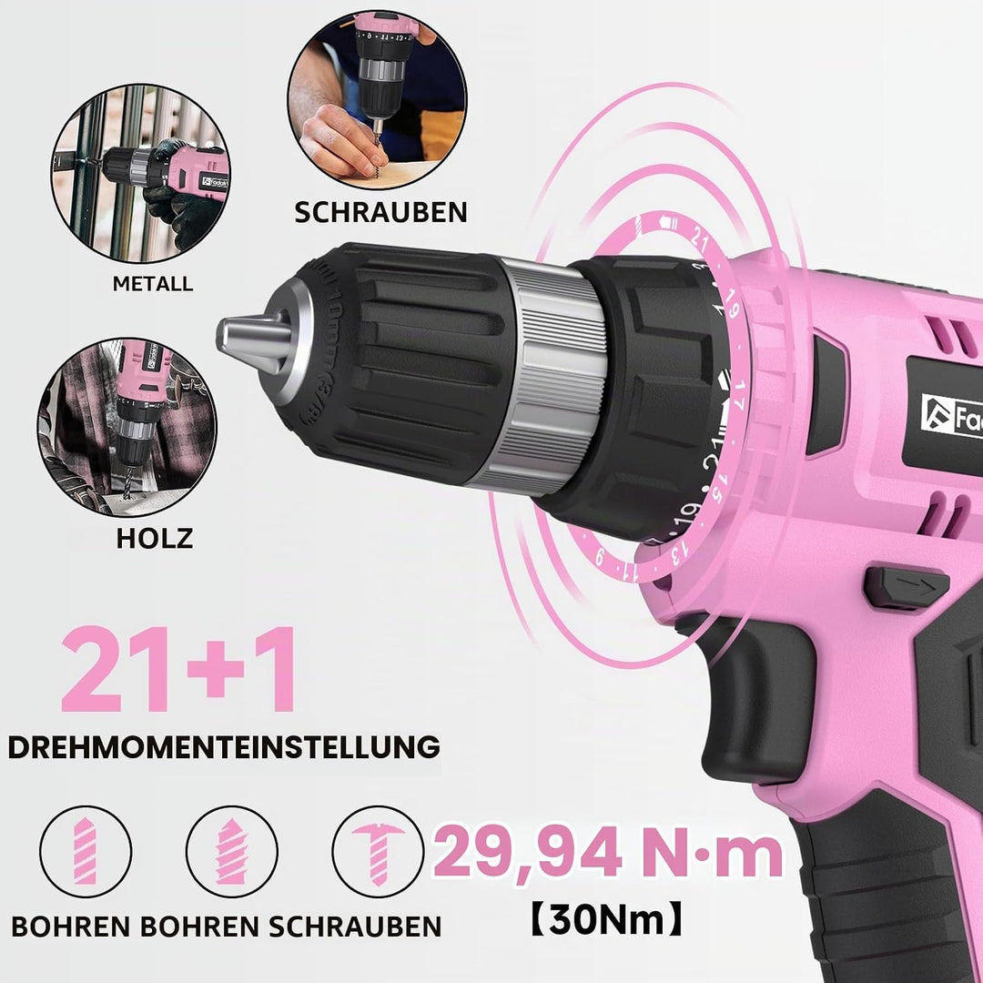 FADAKWALT Akkuschrauber, 20V Akku Bohrmaschine mit 2000 mAh Akku, 21+1 Drehmomentstufen, 60-tlg Akku