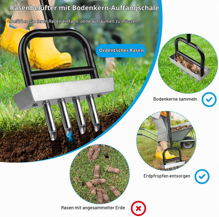 Rasenbelüfter mit 4 Edelstahl-Kern &amp; Ablageschale, Manueller Rasenlüfter mit T-Griff, Aerifizierer f