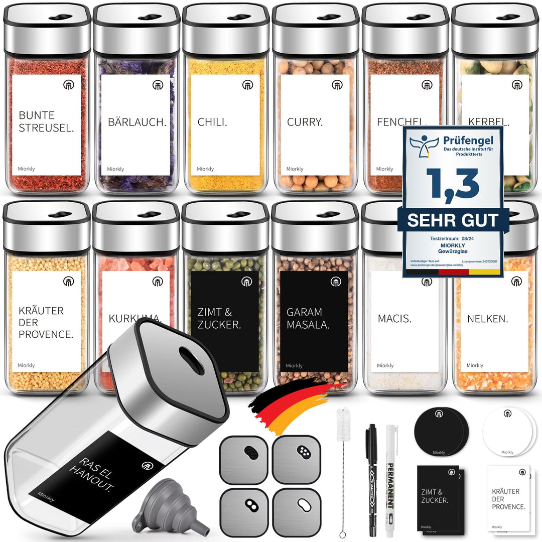 Miorkly 12 Gewürzgläser Eckig,120ML Gewürzdosen Set mit Streueinsatz,Gewürzstreuer mit Drehdeckel-St