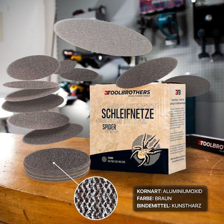Toolbrothers SPIDER Schleifset Netzschleifmittel 2 Packungen 80x Schleifnetze 125mm Klett je 20x P80