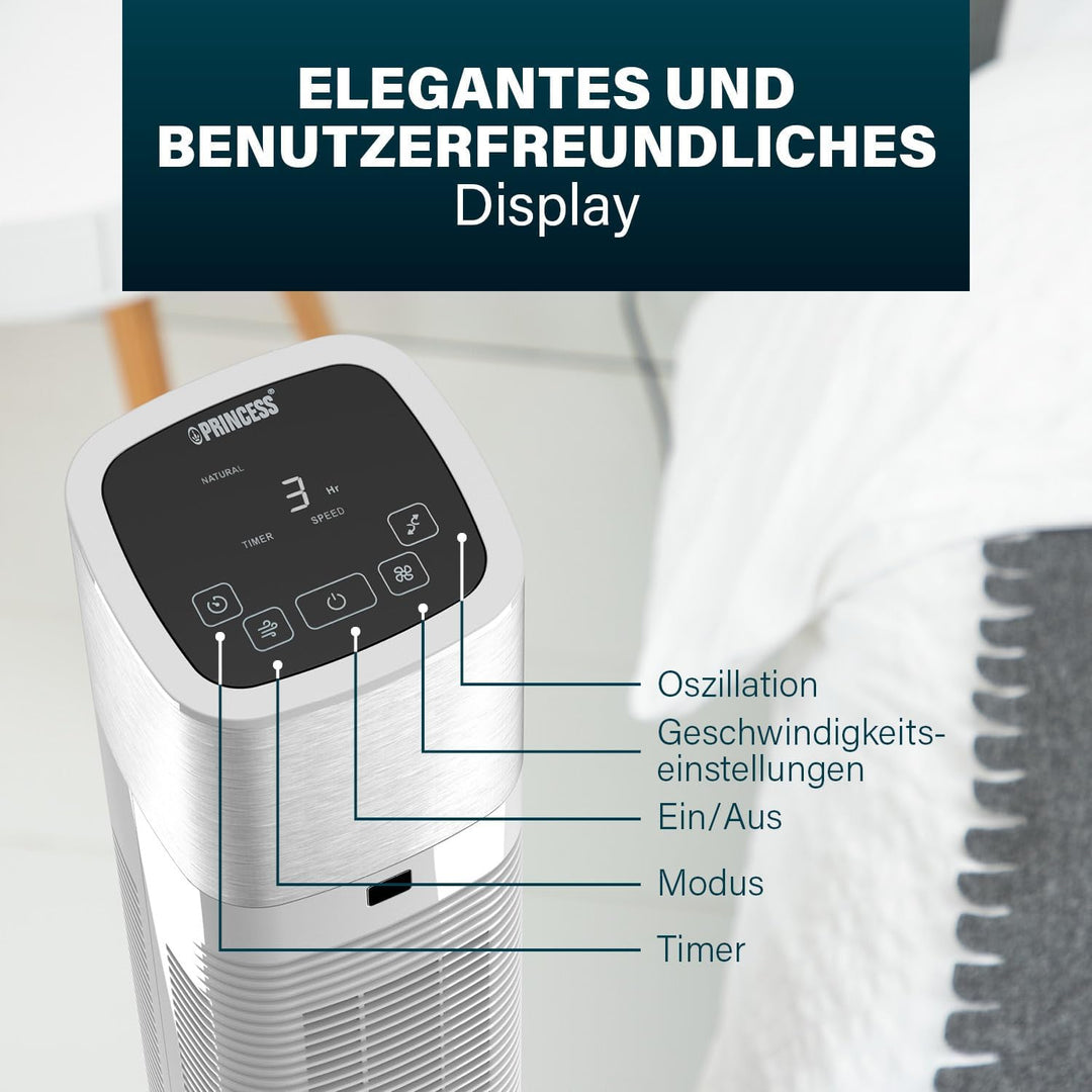 Princess Geräuscharmer Turmventilator - Höhe 103 cm - 3 Modi & 3 Geschwindigkeiten - Oszillation - S