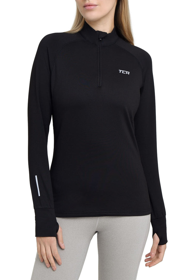 TCA Damen Winter Running Langarm Laufshirt mit Brustreissverschluss S Schwarz, S Schwarz