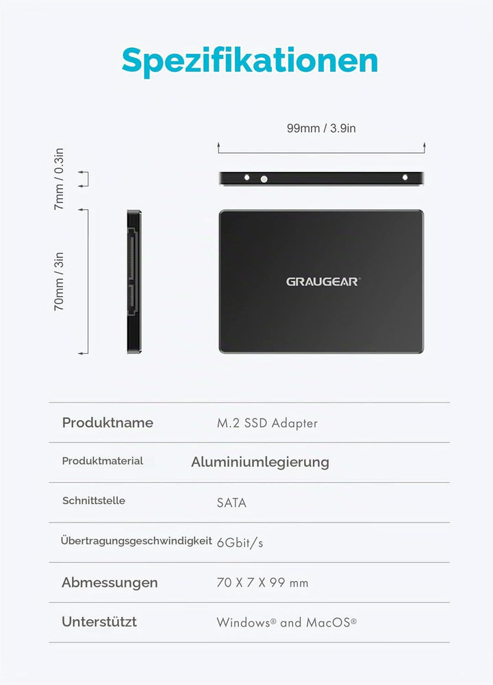 GRAUGEAR Aluminium M.2-SATA SSD Konverter, für B-Key M.2 NGFF zu 2,5” SATA, 2,5“ Bauform, 7 mm Einba