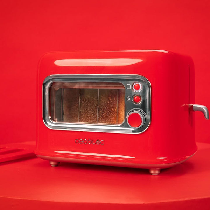 Cecotec Vertikaler Toaster RetroVision Red, 700W Leistung, 2 Extra-breite Schlitze, Einzigartiges An