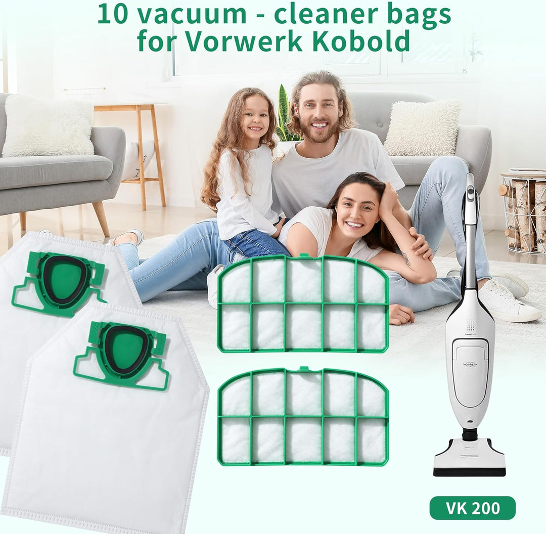 10 Staubsaugerbeutel für Vorwerk Kobold VK200 und FP200 Staubsauger, inklusive 2 Filter, staubsauger