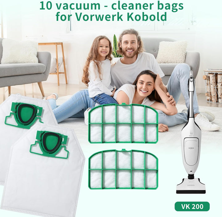 10 Staubsaugerbeutel für Vorwerk Kobold VK200 und FP200 Staubsauger, inklusive 2 Filter, staubsauger