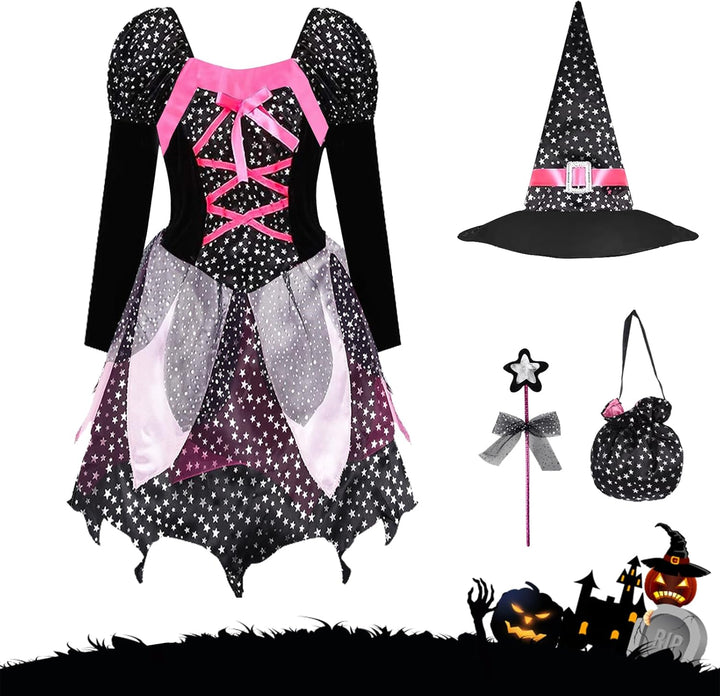 FORMIZON Mädchen Hexen Kostüm, LED Hexenkleid Kinder, Hexenkostüm mit Lichter, Kinder Zauberer verkl