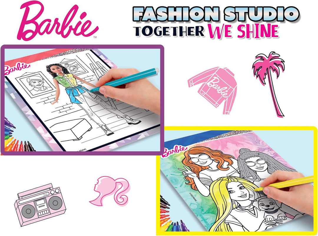 Lisciani - BARBIE - Skizzenbuch Set Wir Glänzen - Modestudio - Models zum Anziehen - Kreatives Spiel