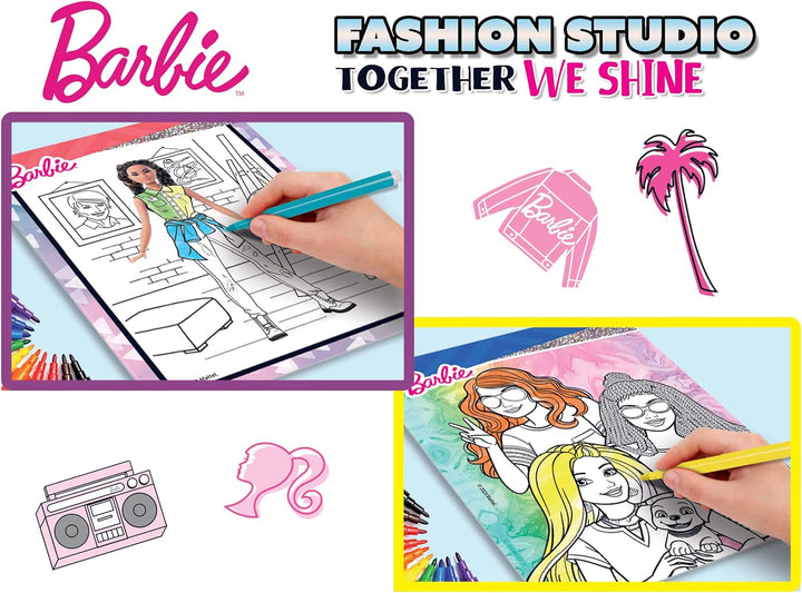 Lisciani - BARBIE - Skizzenbuch Set Wir Glänzen - Modestudio - Models zum Anziehen - Kreatives Spiel