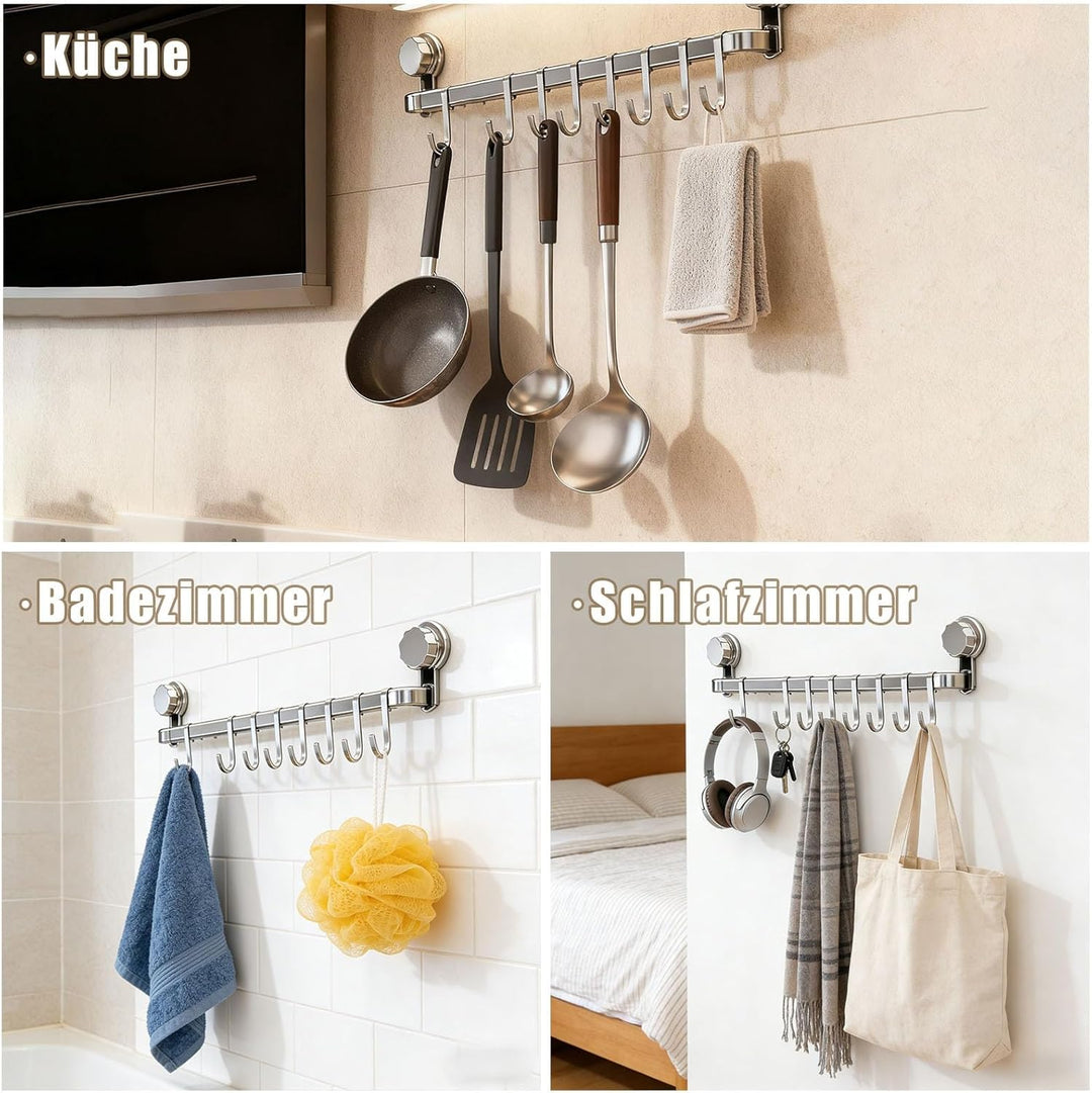 Hakenleiste Küche ohne Bohren mit 8 Haken,Küchenutensilienhalter Saugnapf Montage,45 cm lang,Halter