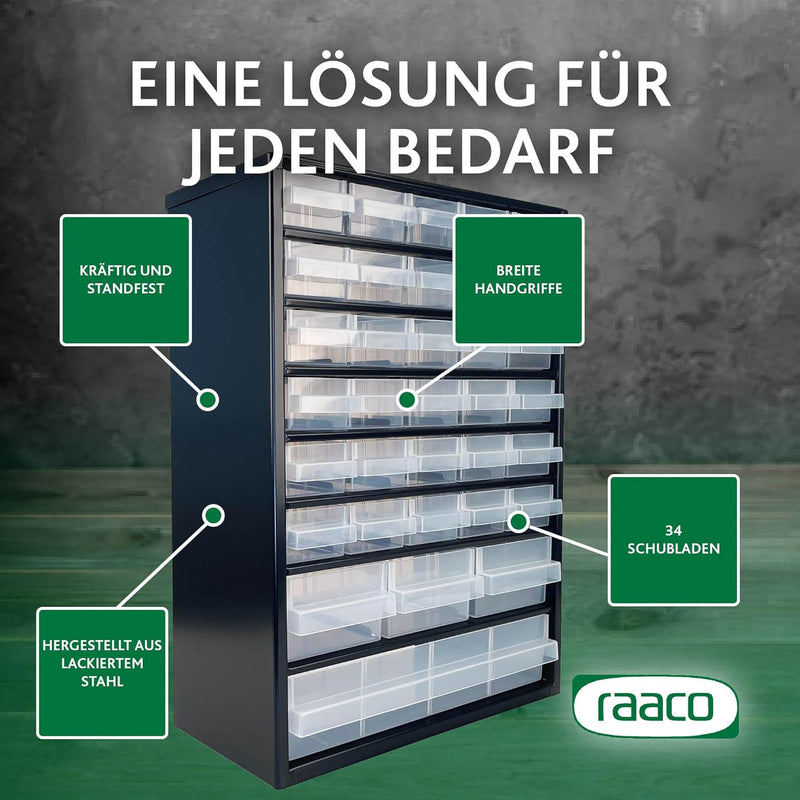 RAACO Kleinteilemagazin C9-34, 26 kg Last, 15 x 30,6 x 42 cm, 34 Schubladen, beschichteter Stahl, ge