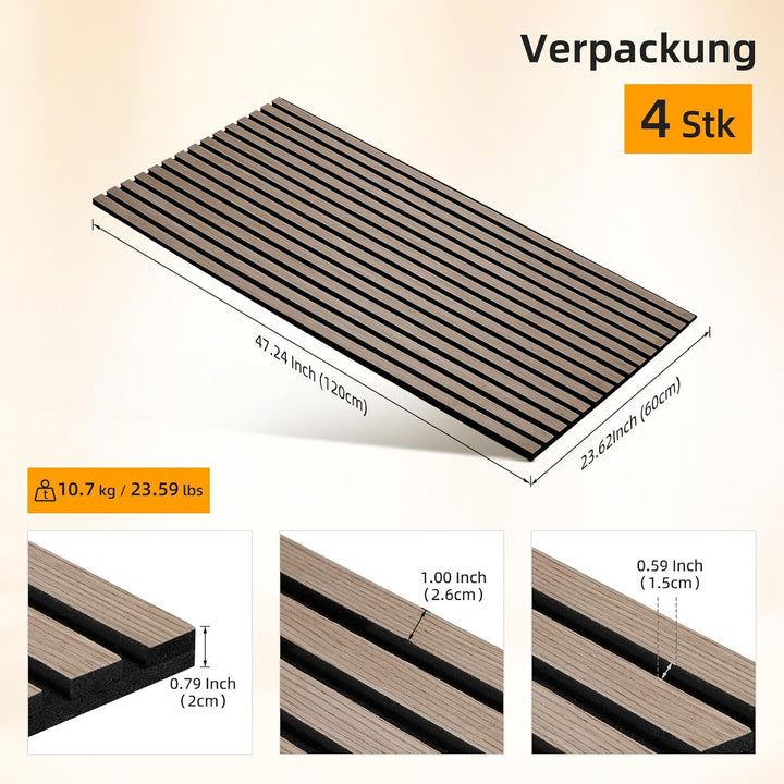 JAMELO Akustikpaneele Holz Furnier | 2,88m² - 120cm x 240cm* Set - (Set = 4 Stück 120cm x 60cm) | Fa