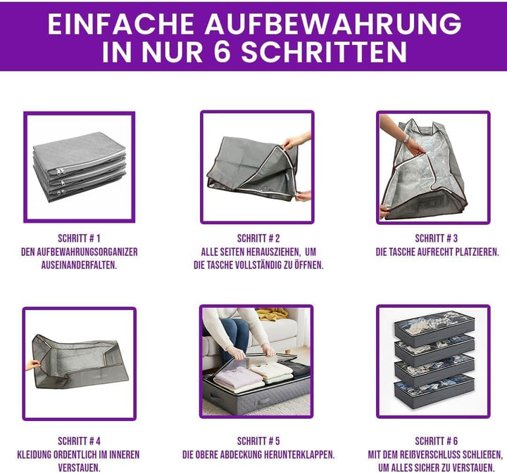 Unterbett Aufbewahrungsbox 90L (4er Set) mit ZUSÄTZLICHEN Schuhbeuteln – Faltbare Unterbett Aufbewah