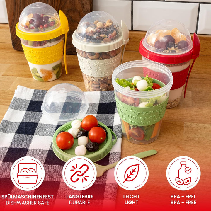 spar-home® 4er Set Joghurtbecher To Go 600ml –Müslibecher To Go mit Löffel Müsli To Go Becher mit De