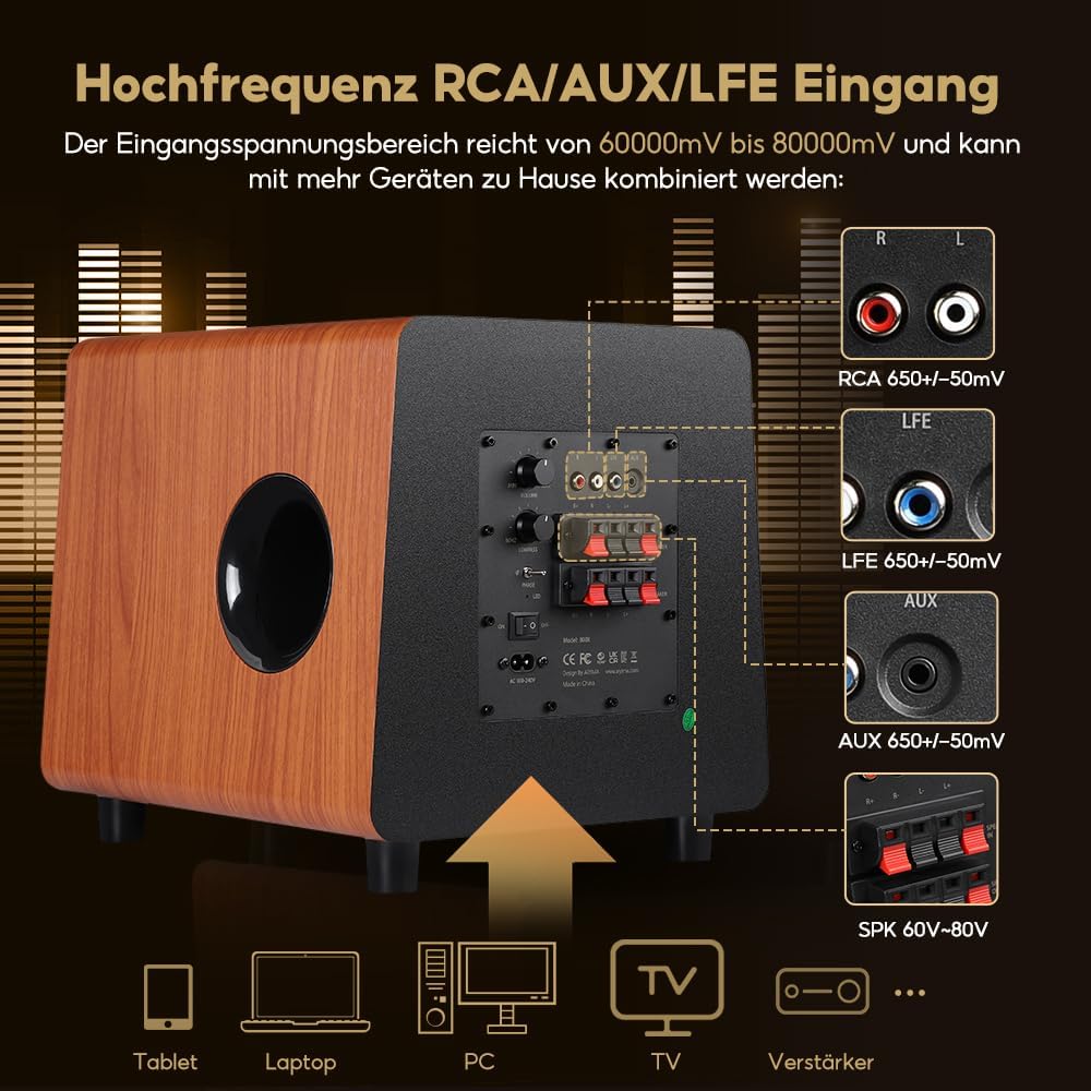 AIYIMA 800X Subwoofer Aktiv 8 Zoll, 100Watt Sub Woofer mit RCA AUX LFE Eingänge, Integrierter Verstä