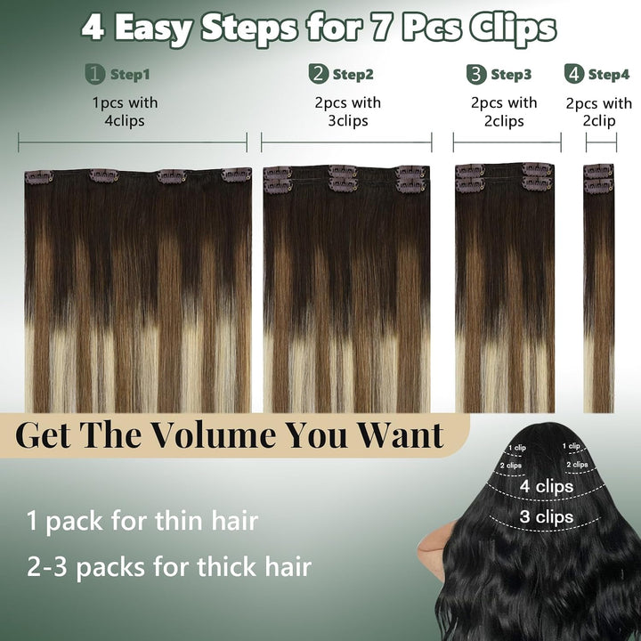 Ugeat 55cm Echthaar Extensions 120 Gramm Clip in Echthaar Tressen Clips Echthaar Dunkel Braun bis Mi