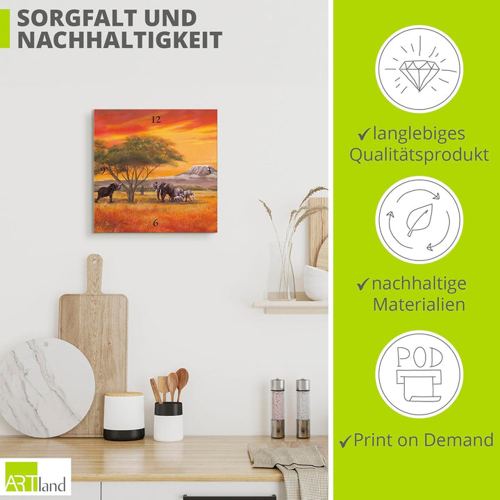 ARTLAND Wanduhr ohne Tickgeräusche Leinwand Quarzuhr 30x30 cm Quadratisch Lautlos Afrika Safari Tier