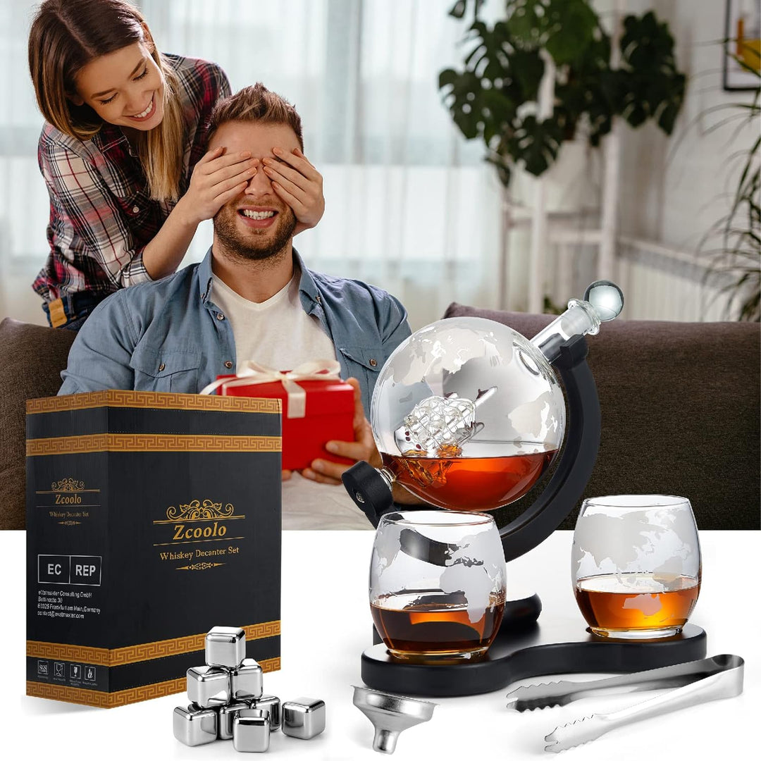 Zcoolo Whisky Decanter Set 850 ml Decanter, 2 Engraved Ball Glasses, Stainless Steel Funnel and 8 St
