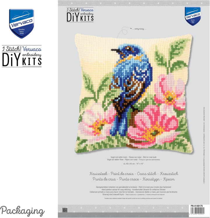 Vervaco Vogel auf Wilder Rose Kreuzstichkissen/Stickkissen vorgedruckt, Baumwolle, Mehrfarbig, 40 x