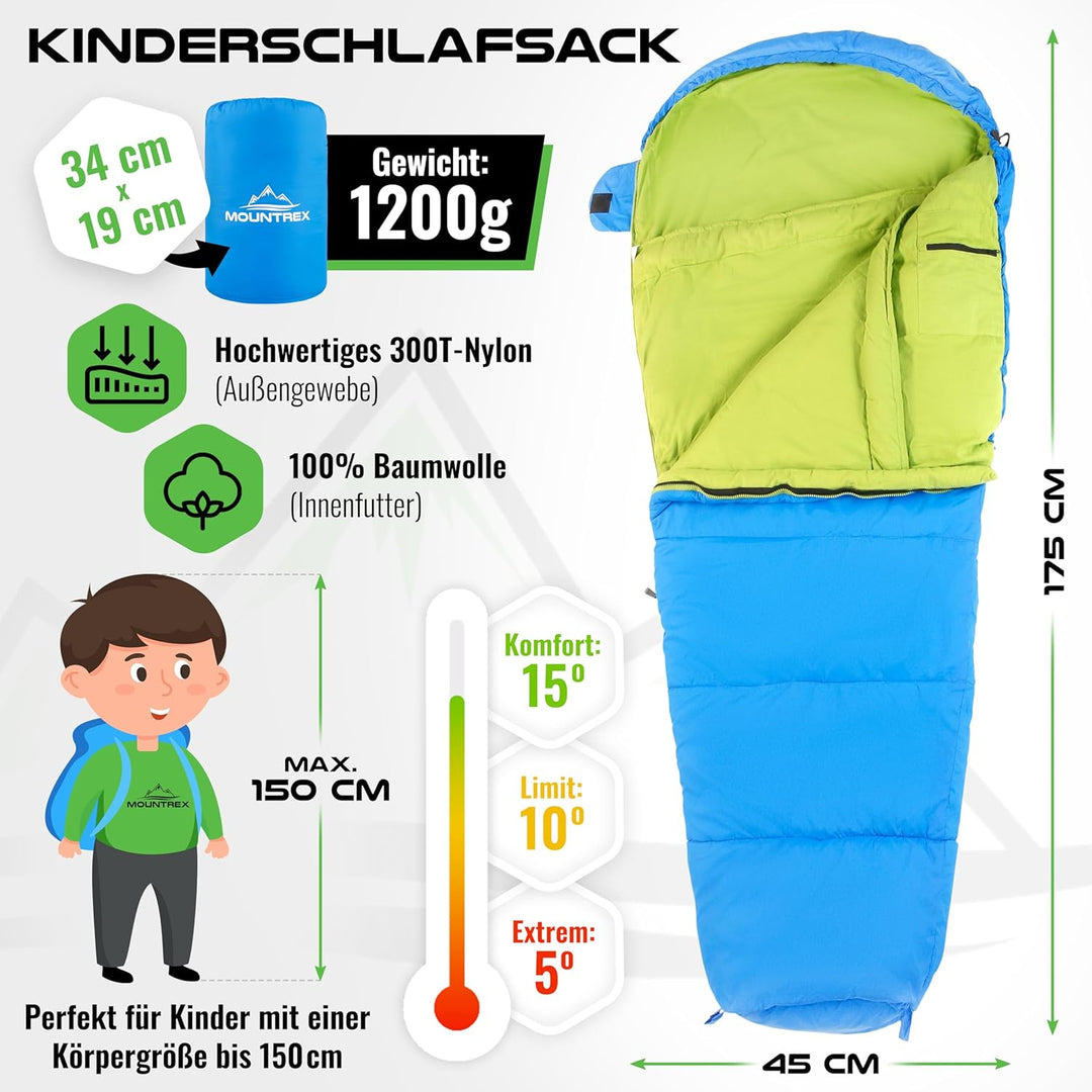 MOUNTREX® Kinderschlafsack - Tragbar wie ein Rucksack - Schlafsack für Kinder (175 x 70 x 45 cm) - O