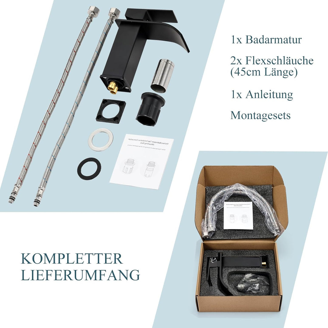 Schwarzer Wasserfall Wasserhahn, Matt Schwarz Waschtischarmatur für Badezimmer, Einhebelmischer Warm