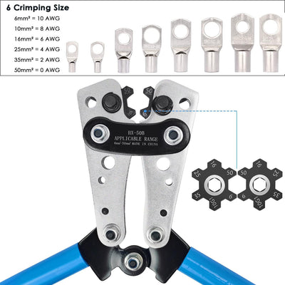 Solsop Batteriekabel-Crimpwerkzeug-Set von AWG 1/0–8 mit 60 Kupferringklemmen, 8 Grössen, Batterieka