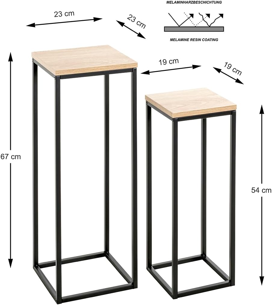 HAKU Blumensäule 2er Set Eiche Natur, schwarz, MDF, Metall - Masse: B 19/23 x H 54/67 x T 19/23 cm,