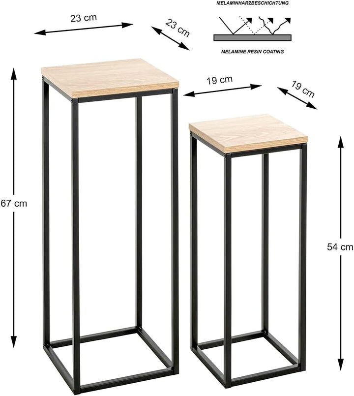 HAKU Blumensäule 2er Set Eiche Natur, schwarz, MDF, Metall - Masse: B 19/23 x H 54/67 x T 19/23 cm,