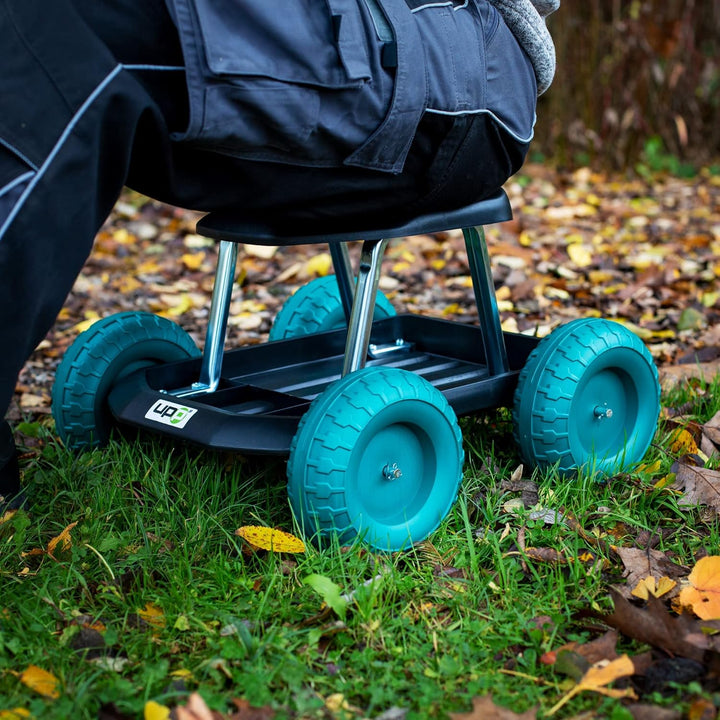 UPP fahrbarer Gartenwagenrollsitz bis 130 kg mit Ablage | Knie- und rückenschonende Sitzgelegenheit