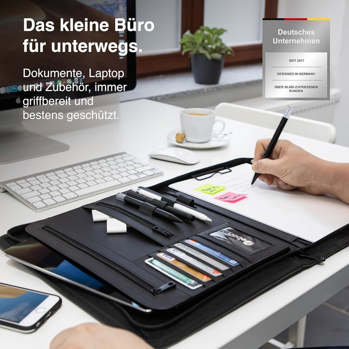 Vebon® Schreibmappe A4 gross"New York" I Veganes Leder, Reissverschluss + Klemmbrett I Konferenzmapp